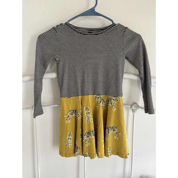 TEA COLLECTION Namaste Nepal Stripe Cats Black Gold Yellow Twirl Dress Girls 6 - Picture 1 of 3
